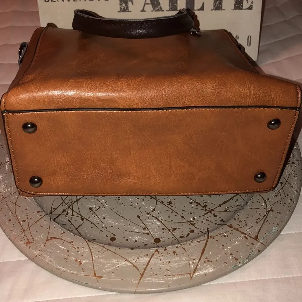 Faux Leather Satchel in Caramel Brown Combo with detailed zippers